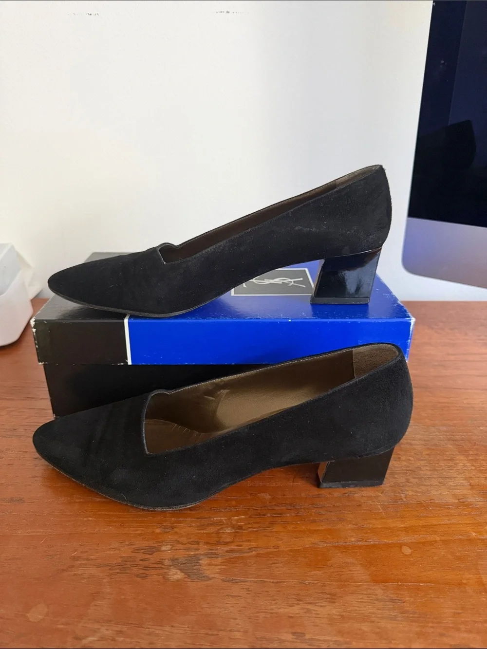 Yves Saint Laurent Black Suede Mid Block Heel loafer